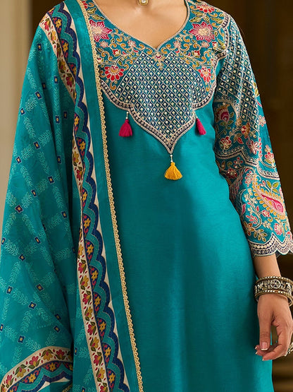 Ethnic Motifs Embroidered V-Neck Thread Work Kurta With Trousers & Dupatta