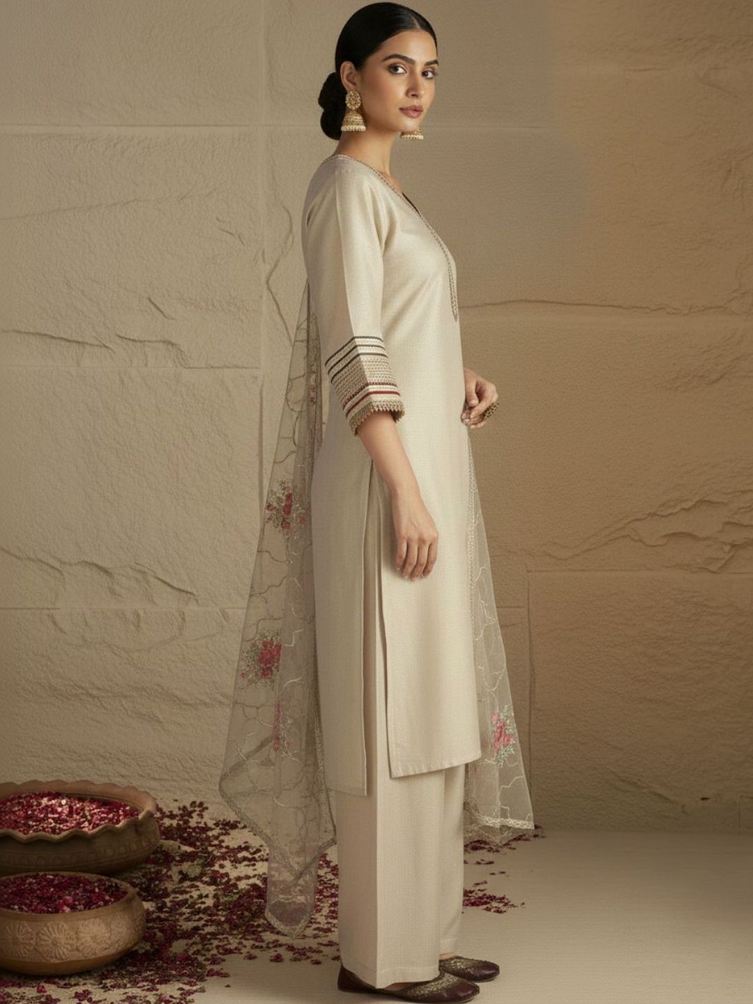 Indyancart VA Women Floral Regular Thread Work Kurta with Palazzos & With Dupatta