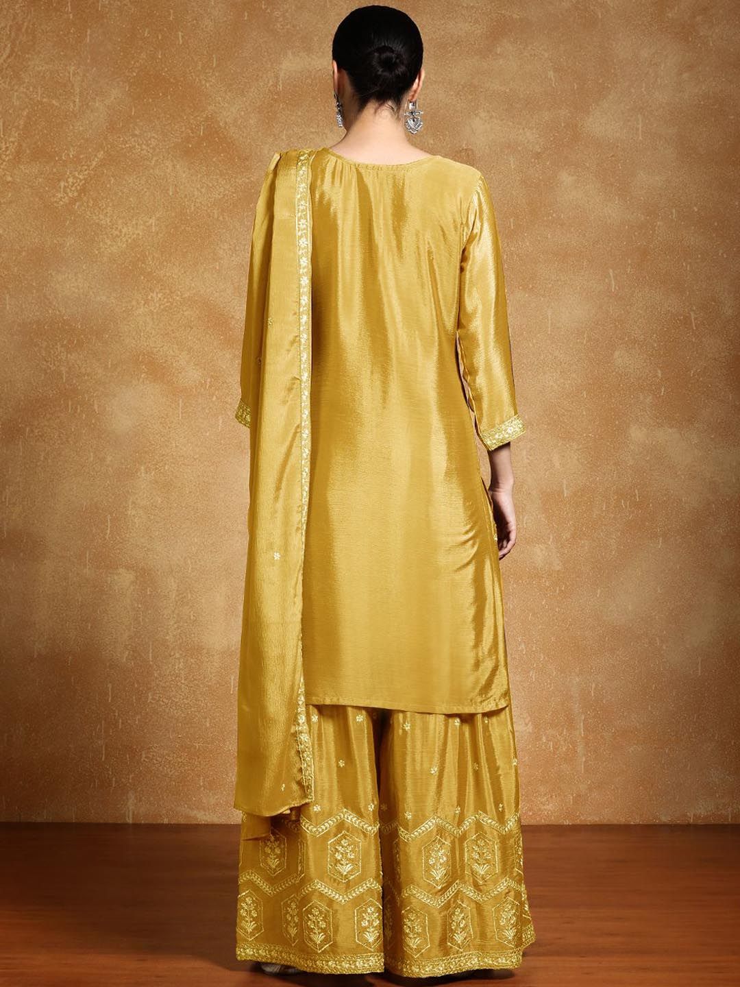 Indyancart VA Ethnic Motifs Embroidered Beads and Stones Silk Crepe Kurta With Sharara & Dupatta