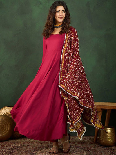 Indyancart SN Women's Maroon Anarkali Kurta With Trousers & Bandhani Dupatta
