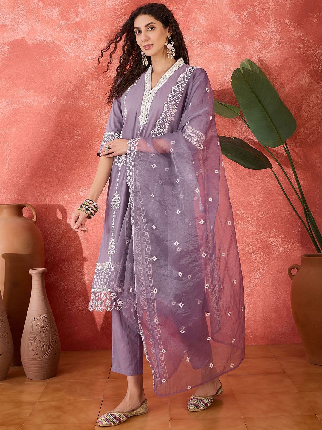 Indyancart SN Women's Floral Embroidered V-Neck Mirror Work Pure Cotton Kurta With Trouser & Dupatta