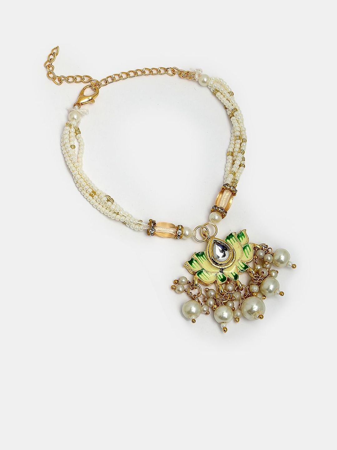 Anouk Unisex Set Of 2 Green Lotus Shape Kundan-Studded & Beaded Wraparound Rakhi Set