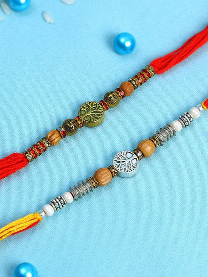Anouk Red Set Of 2 Stone Studded & Beaded Rakhis With Roli Chawal & Greeting Card
