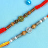 Dhiyona Red Set Of 2 Stone Studded & Beaded Rakhis With Roli Chawal & Greeting Card
