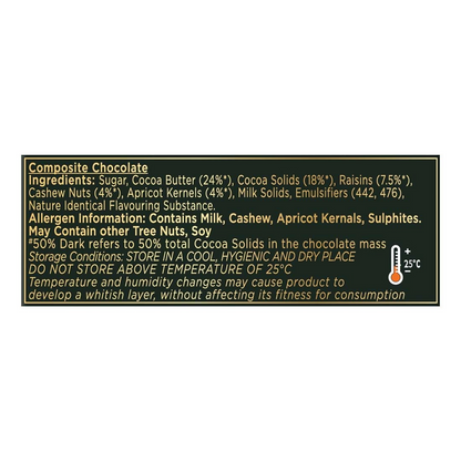 Cadbury Bournville Fruit and Nut dark chocolate bar showing chocolate with visible fruit and nut pieces