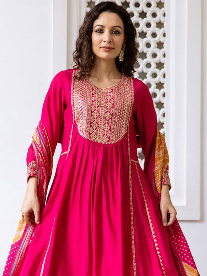 Indyancart IE Women Ethnic Motifs Embroidered Empire Kurta with Trousers & With Dupatta
