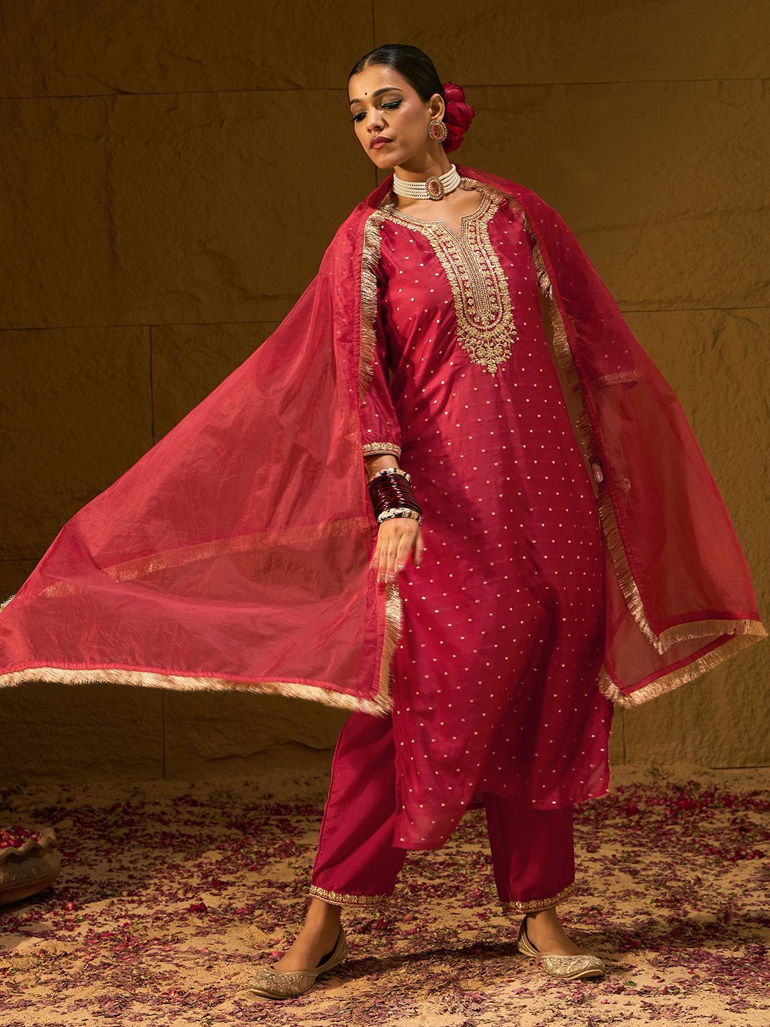 Dhiyona IE Ethnic Motifs Embroidered Chanderi Silk Straight Kurta With Trousers & Dupatta