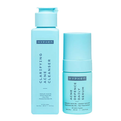 Hyphen by Kriti Sanon acne serum and essence combo in bottles, designed for clear skin and acne treatment.