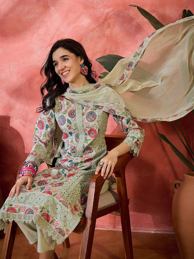 Indyancart SN Women's Floral Printed schiffl Embroidered Straight Kurta With Trouser & Dupatta