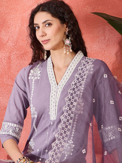 Indyancart SN Women's Floral Embroidered V-Neck Mirror Work Pure Cotton Kurta With Trouser & Dupatta