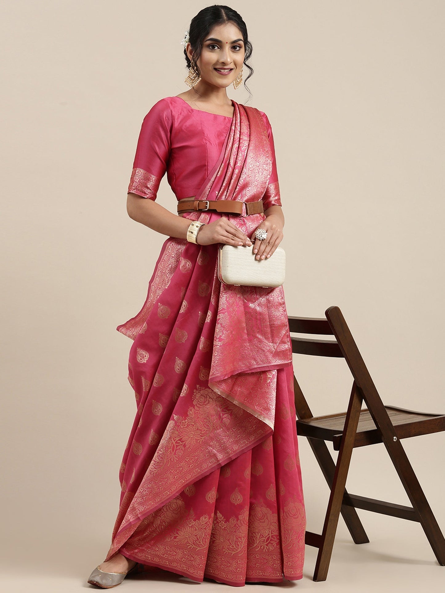 Women's Silk Blend Pink Woven Design Woven saree With Blouse Piece