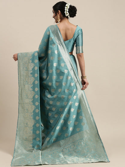 Women's Silk Blend Teal blue Woven Design Woven saree With Blouse Piece
