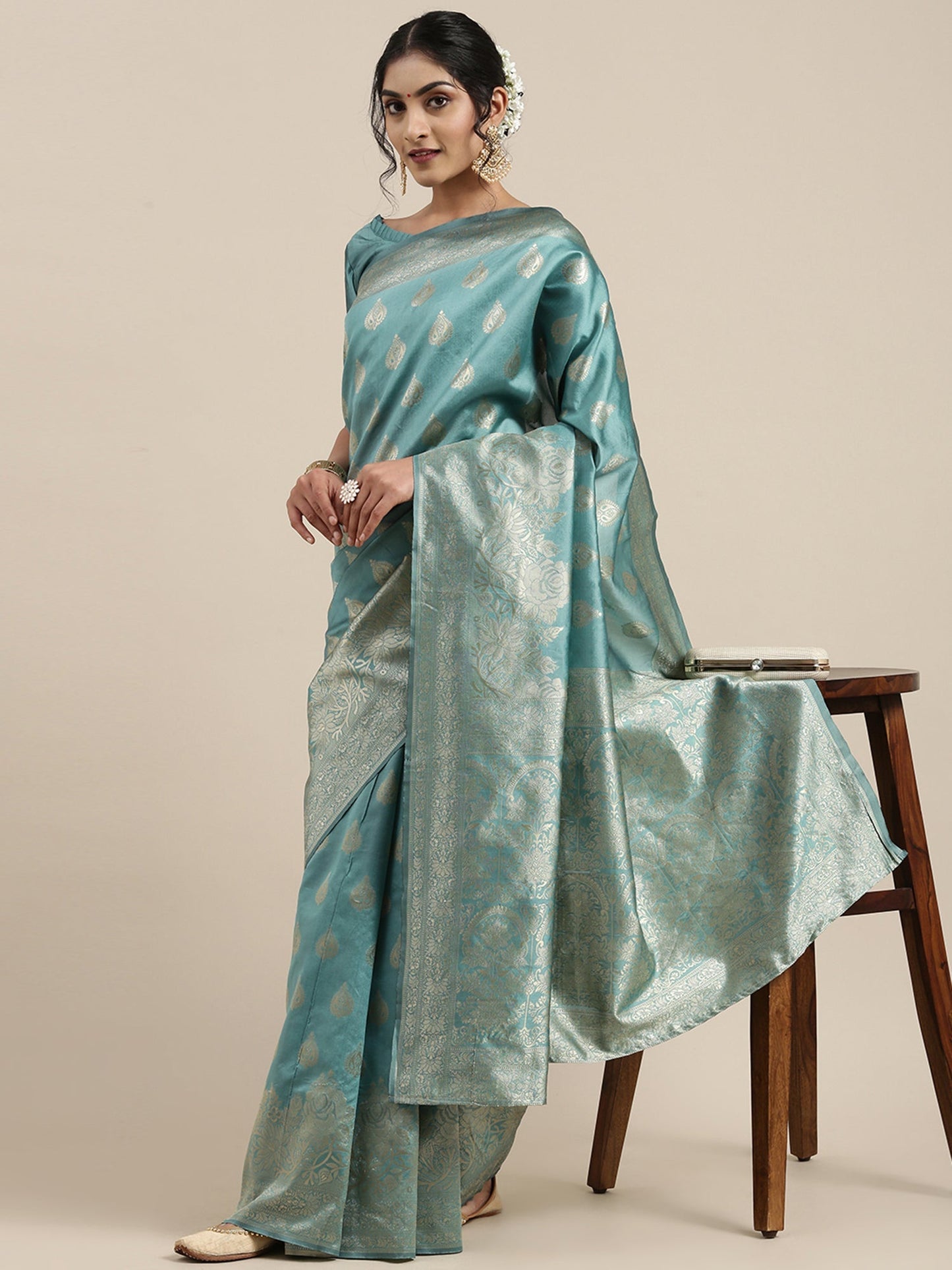 Women's Silk Blend Teal blue Woven Design Woven saree With Blouse Piece