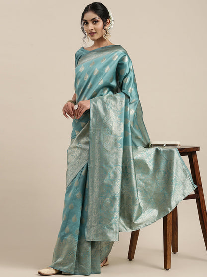 Women's Silk Blend Teal blue Woven Design Woven saree With Blouse Piece