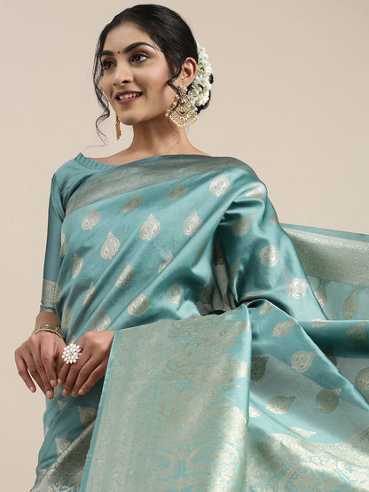Women's Silk Blend Teal blue Woven Design Woven saree With Blouse Piece