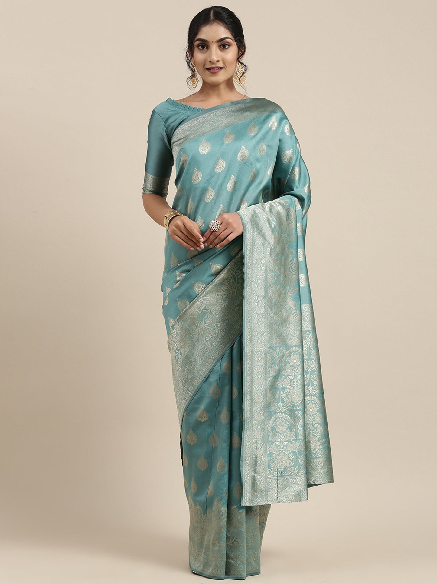 Women's Silk Blend Teal blue Woven Design Woven saree With Blouse Piece