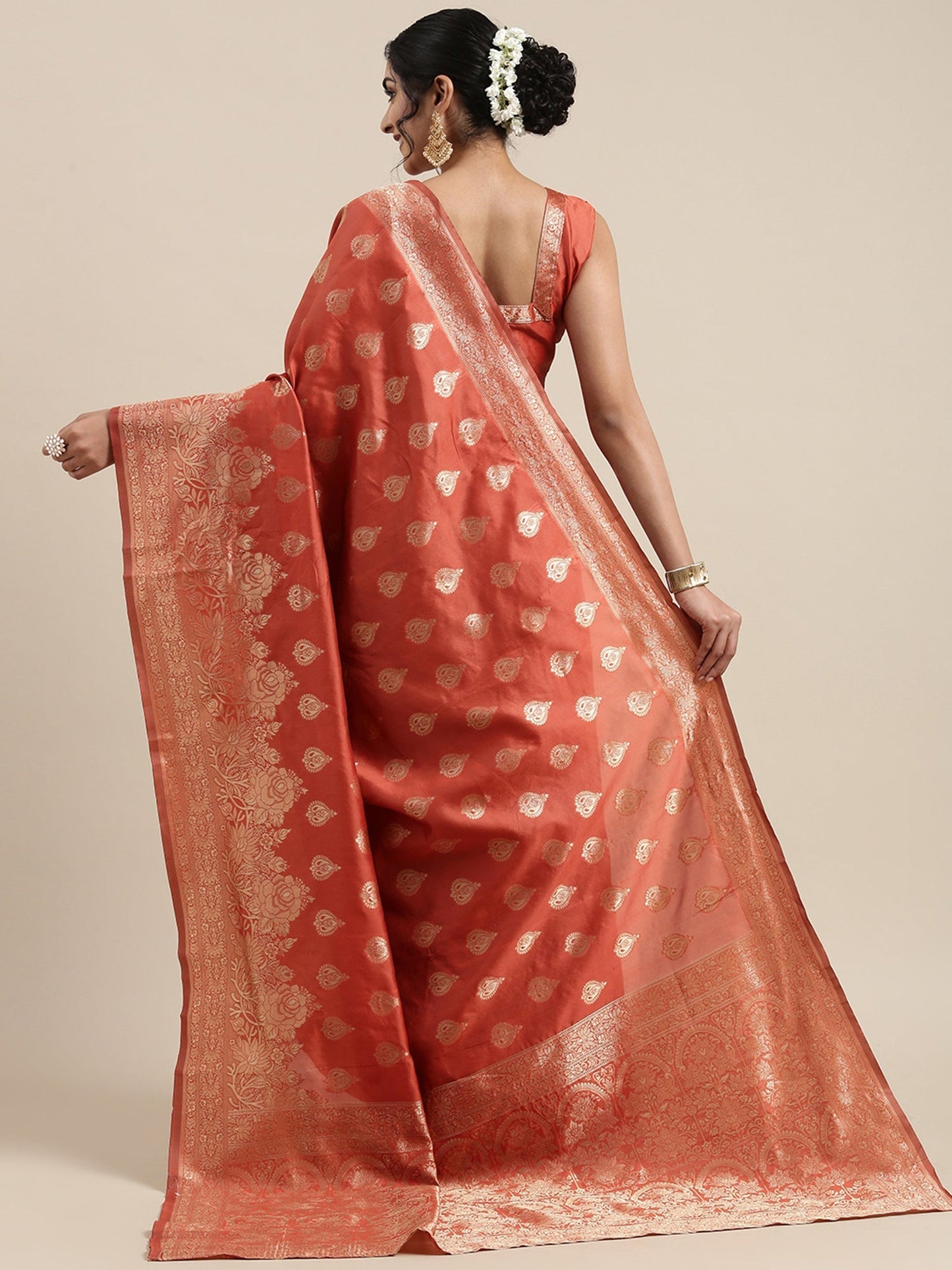 Women's Silk Blend Orange Woven Design Woven saree With Blouse Piece