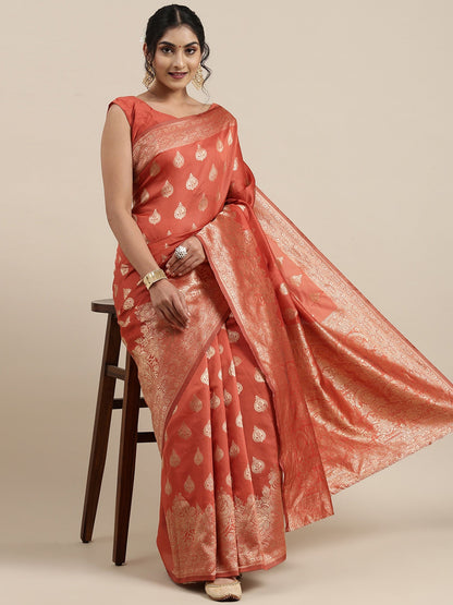 Women's Silk Blend Orange Woven Design Woven saree With Blouse Piece