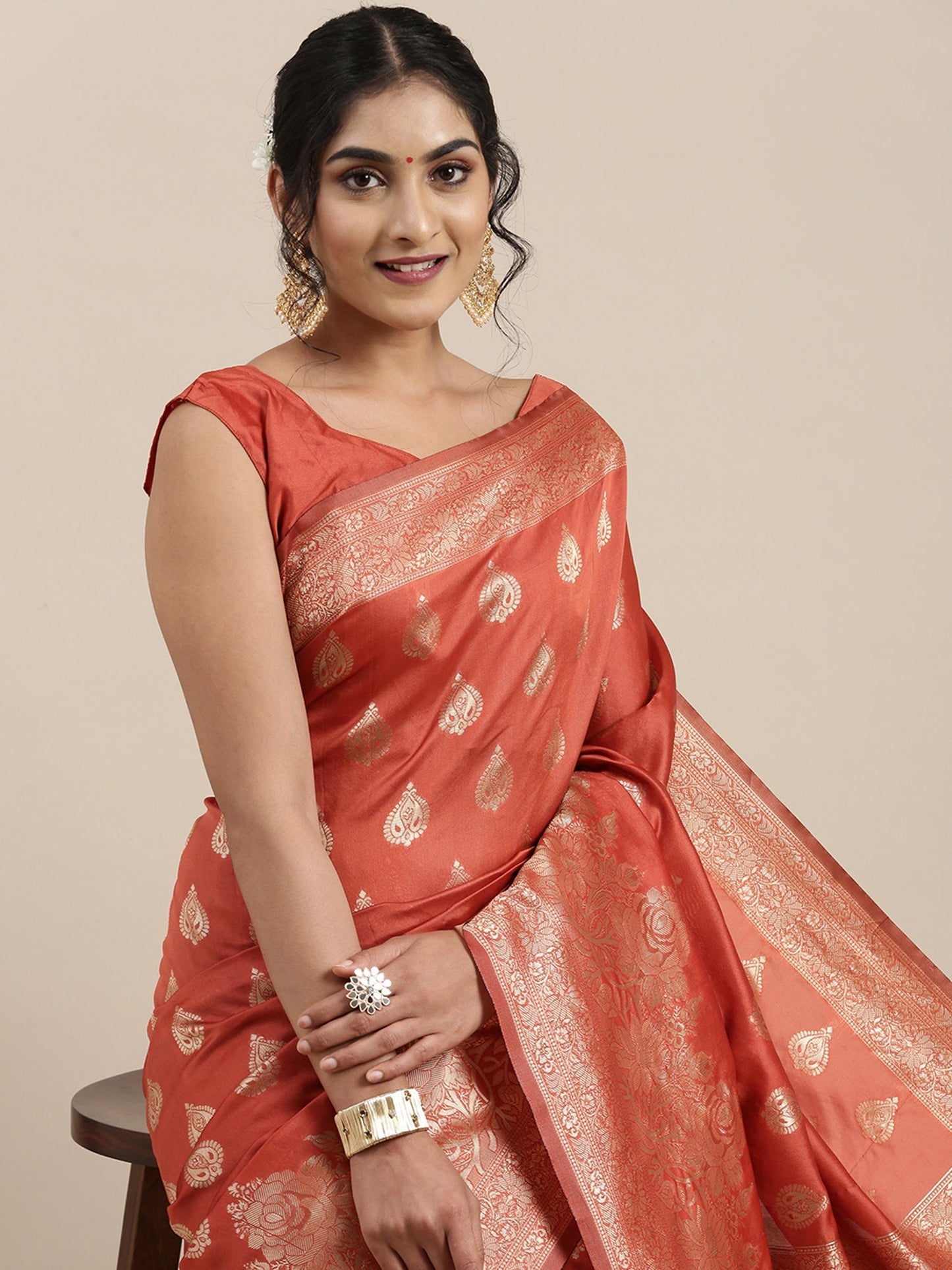 Women's Silk Blend Orange Woven Design Woven saree With Blouse Piece