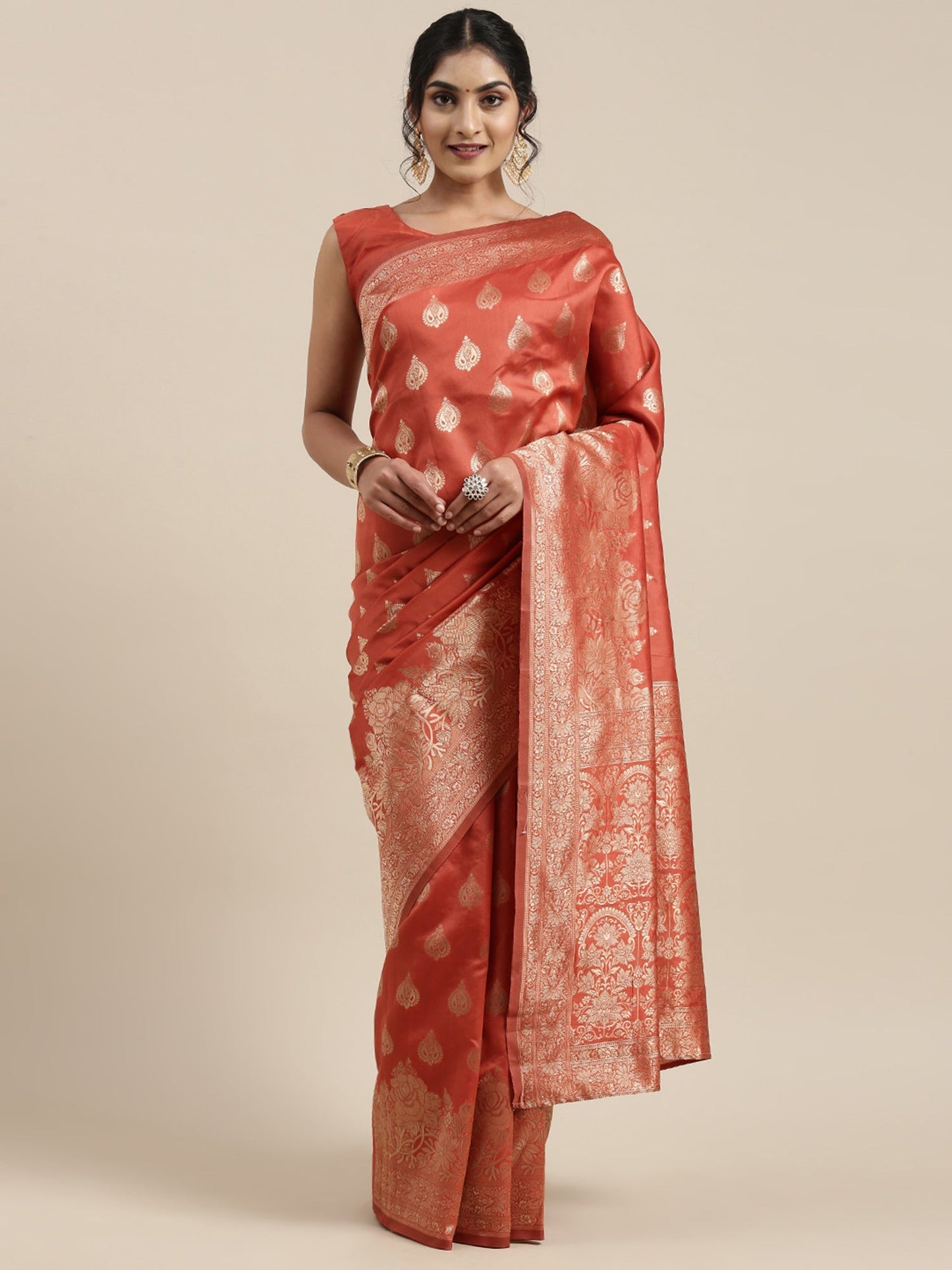 Women's Silk Blend Orange Woven Design Woven saree With Blouse Piece