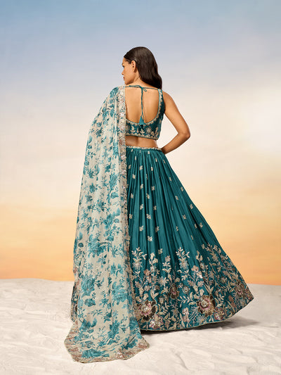 Women Teal Satin silk Sequins embroidery Semi-Stitched Lehenga choli & Dupatta