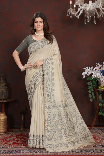Indyancart GR Women's Panghat Davy's Grey Pure Mul Cotton Jamdani Saree