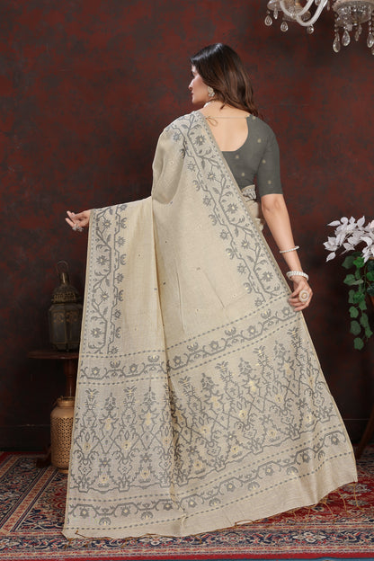 Dhiyona GR Women's Panghat Davy's Grey Pure Mul Cotton Jamdani Saree