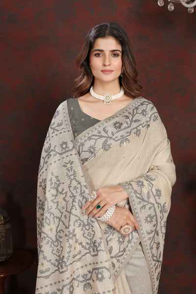Indyancart GR Women's Panghat Davy's Grey Pure Mul Cotton Jamdani Saree