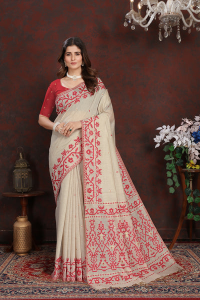 Indyancart GR Women's Panghat Cherry Red Pure Mul Cotton Jamdani Saree