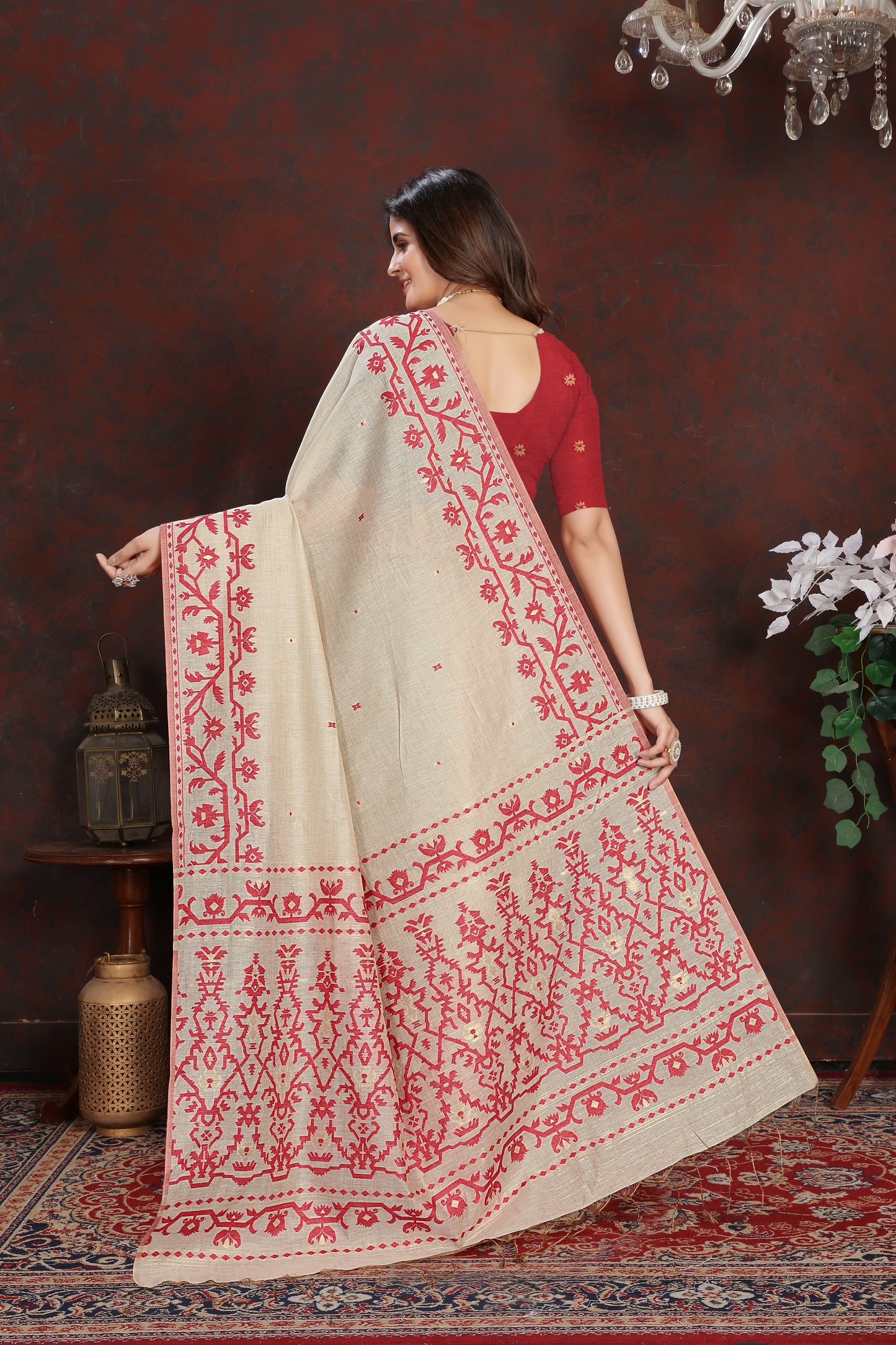 Dhiyona GR Women's Panghat Cherry Red Pure Mul Cotton Jamdani Saree