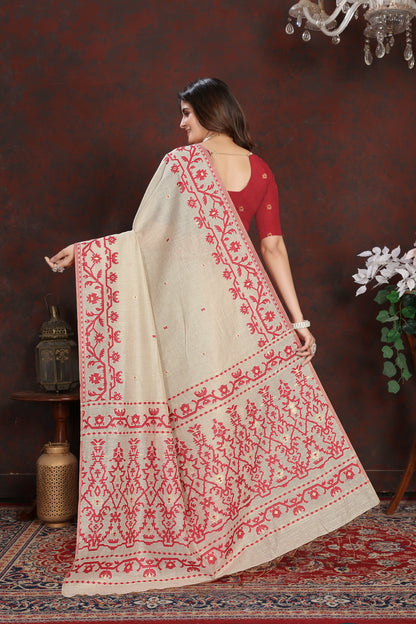 Dhiyona GR Women's Panghat Cherry Red Pure Mul Cotton Jamdani Saree