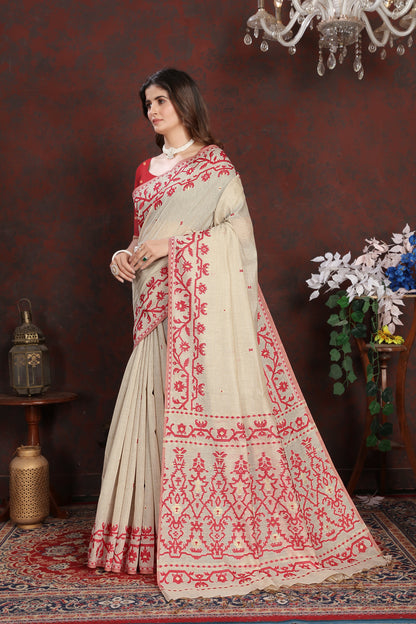 Dhiyona GR Women's Panghat Cherry Red Pure Mul Cotton Jamdani Saree