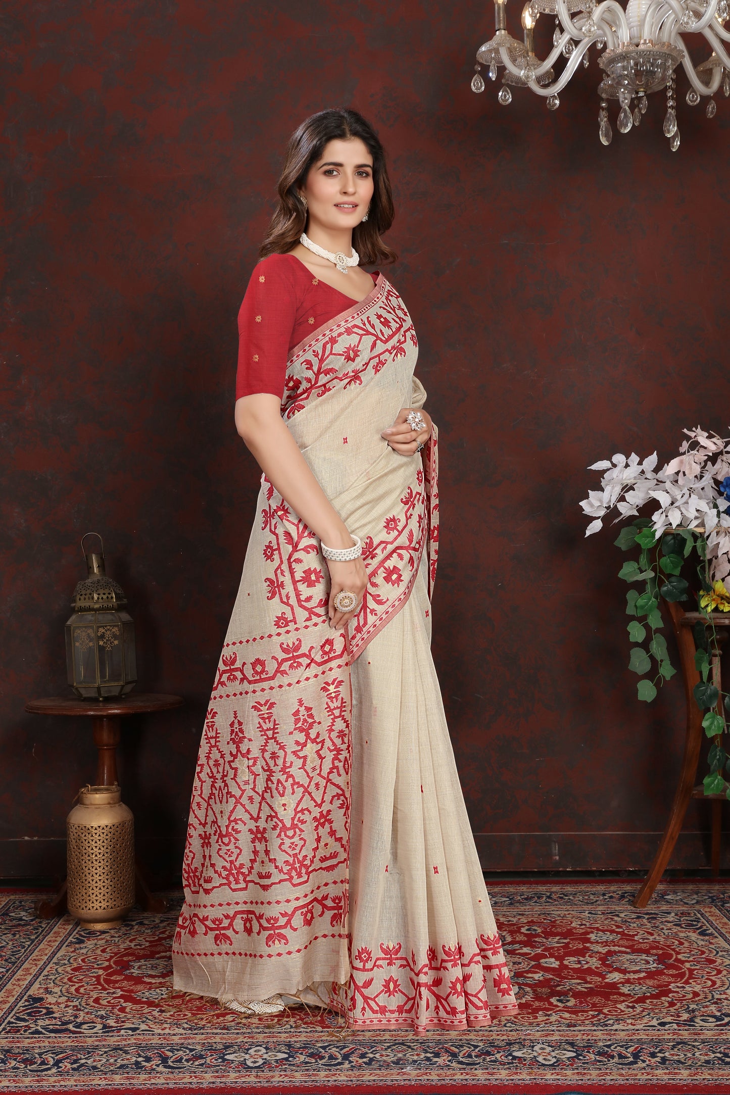 Dhiyona GR Women's Panghat Cherry Red Pure Mul Cotton Jamdani Saree