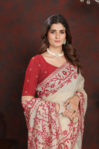 Indyancart GR Women's Panghat Cherry Red Pure Mul Cotton Jamdani Saree