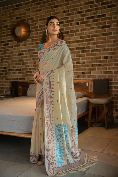 Indyancart GR Women's Pankti Carolina Blue Cotton Jamdani Saree