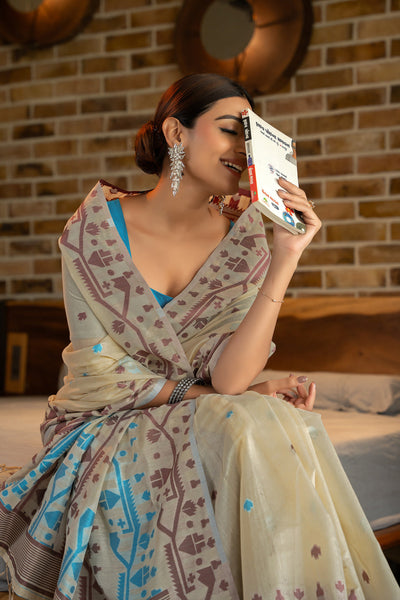 Indyancart GR Women's Pankti Carolina Blue Cotton Jamdani Saree