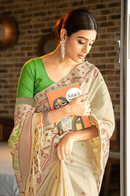 Dhiyona GR Women's Pankti Spring Green Cotton Jamdani Saree