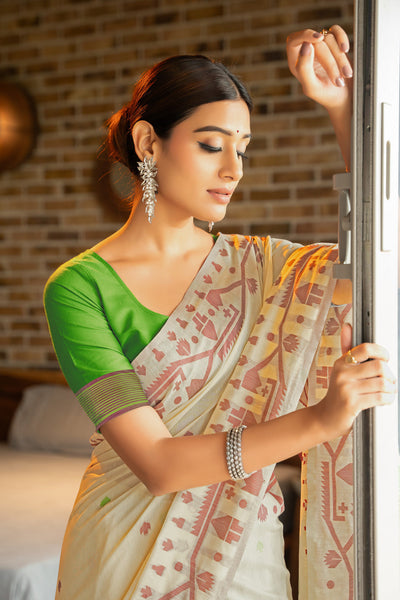 Indyancart GR Women's Pankti Spring Green Cotton Jamdani Saree