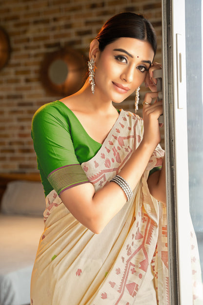 Dhiyona GR Women's Pankti Spring Green Cotton Jamdani Saree