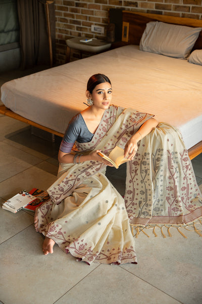Indyancart GR Women's Pankti Harbor Grey Cotton Jamdani Saree