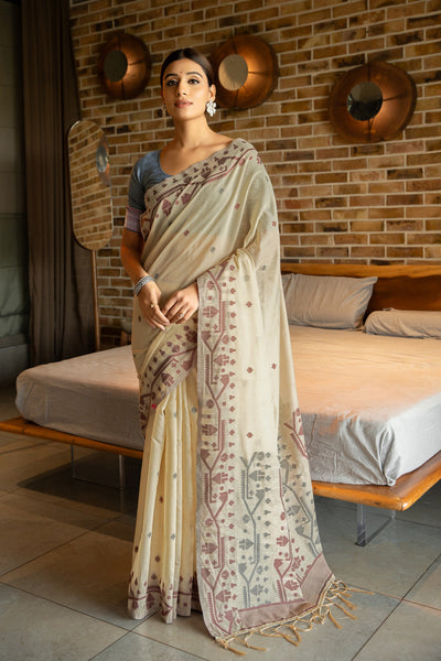 Indyancart GR Women's Pankti Harbor Grey Cotton Jamdani Saree