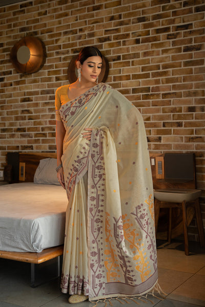 Indyancart GR Women's Pankti Amber Yellow Cotton Jamdani Saree