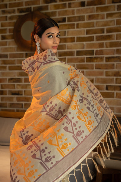 Indyancart GR Women's Pankti Amber Yellow Cotton Jamdani Saree