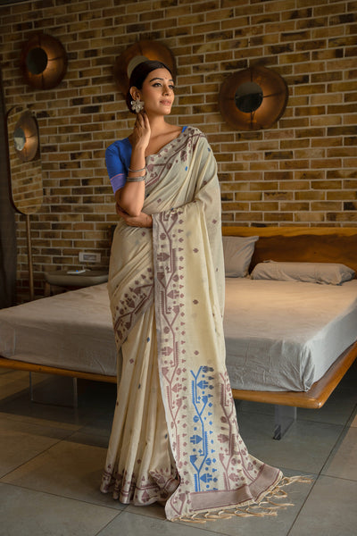Indyancart GR Women's Pankti Cerulean Navy Cotton Jamdani Saree