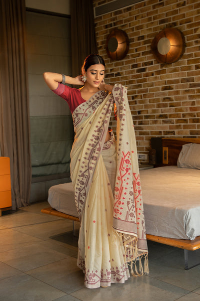 Indyancart GR Women's Pankti Imperial Red Cotton Jamdani Saree