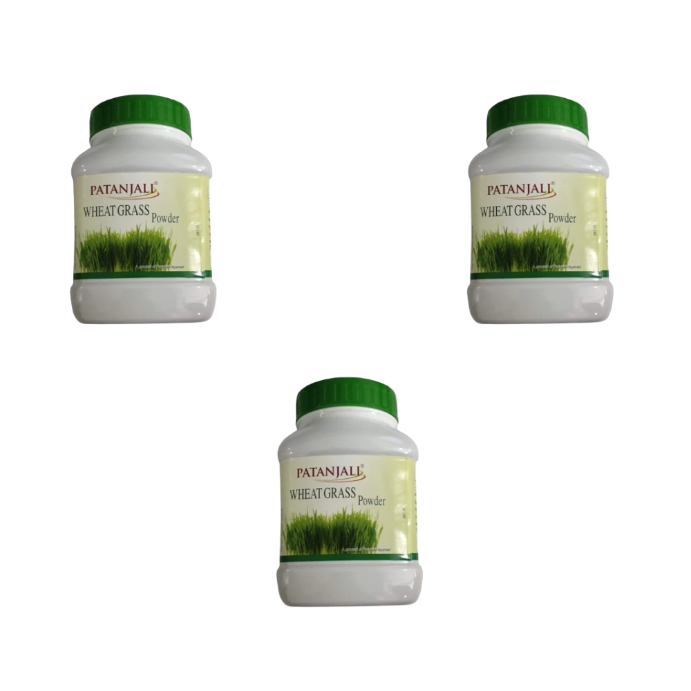 Patanjali Wheat Grass Powder in a green container, Ayurvedic herbal supplement for health and wellness.