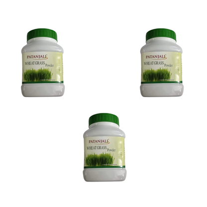 Patanjali Wheat Grass Powder in a green container, Ayurvedic herbal supplement for health and wellness.