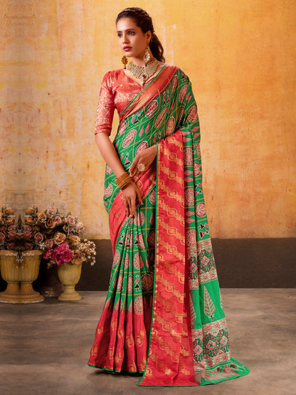 Women's Cotton Blend Red Woven Design Designer Saree With Blouse Piece