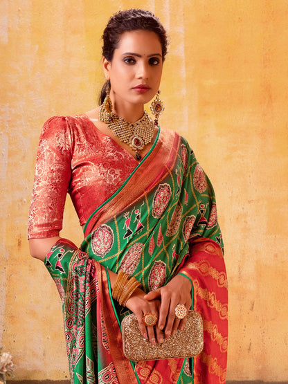 Women's Cotton Blend Red Woven Design Designer Saree With Blouse Piece