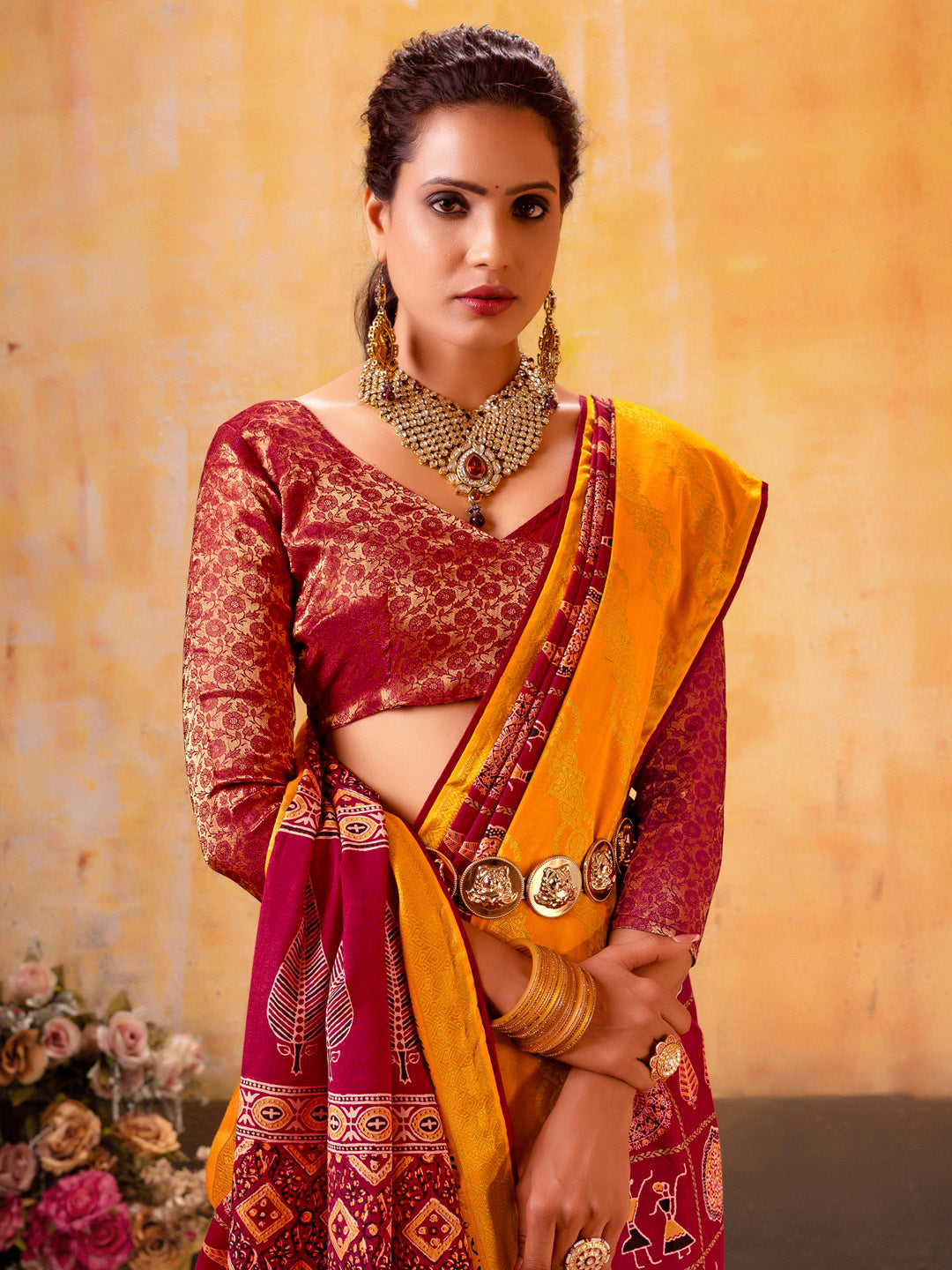 Women's Cotton Blend Maroon Woven Design Designer Saree With Blouse Piece